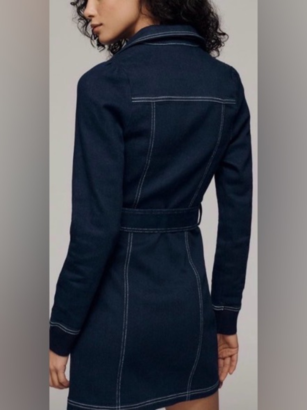 Anthropologie Pilcro Dark Denim Blue Long Sleeve Belted Mini Dress: Medium - Picture 2 of 4